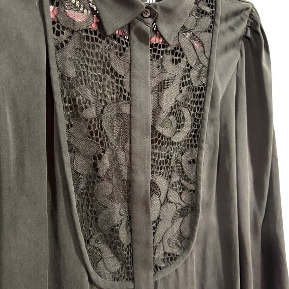 Diane von Furstenberg Lucia Lace Bib Silk Black Blouse Size 4 - Picture 2 of 9